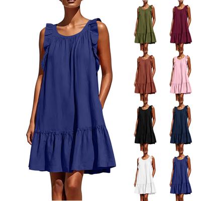 Ladies' Color Fashionable Casual Loose Round Neck Sleeveless Ruffle Dress