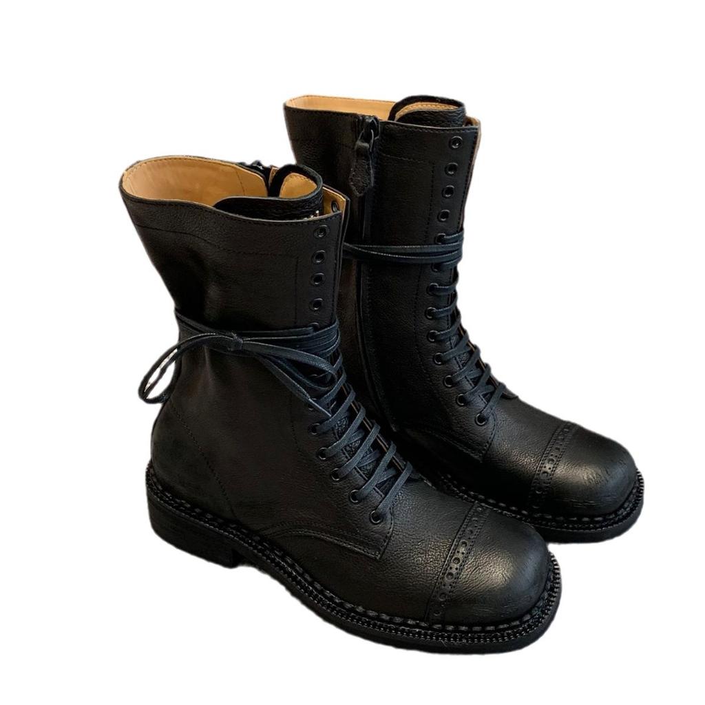 Big Tube Circumference Catwalk Model Retro Style Martin Boots 2025 New Lace-up Locomotive Boots Polished Leather Knight Boots