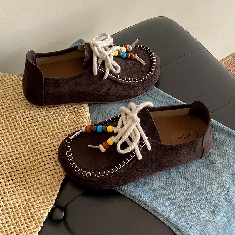 Women's Flat Shoes Round Toe Lace-up String Bead Increased Internal Shoes Retro Suede High-heeled Spring and Autumn Single Shoes