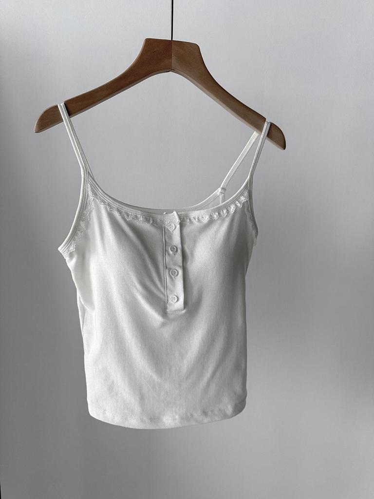Wang Qizhi Women's Lace Trim Button Camisole Vest - Spring/Summer Versatile Top WQ183