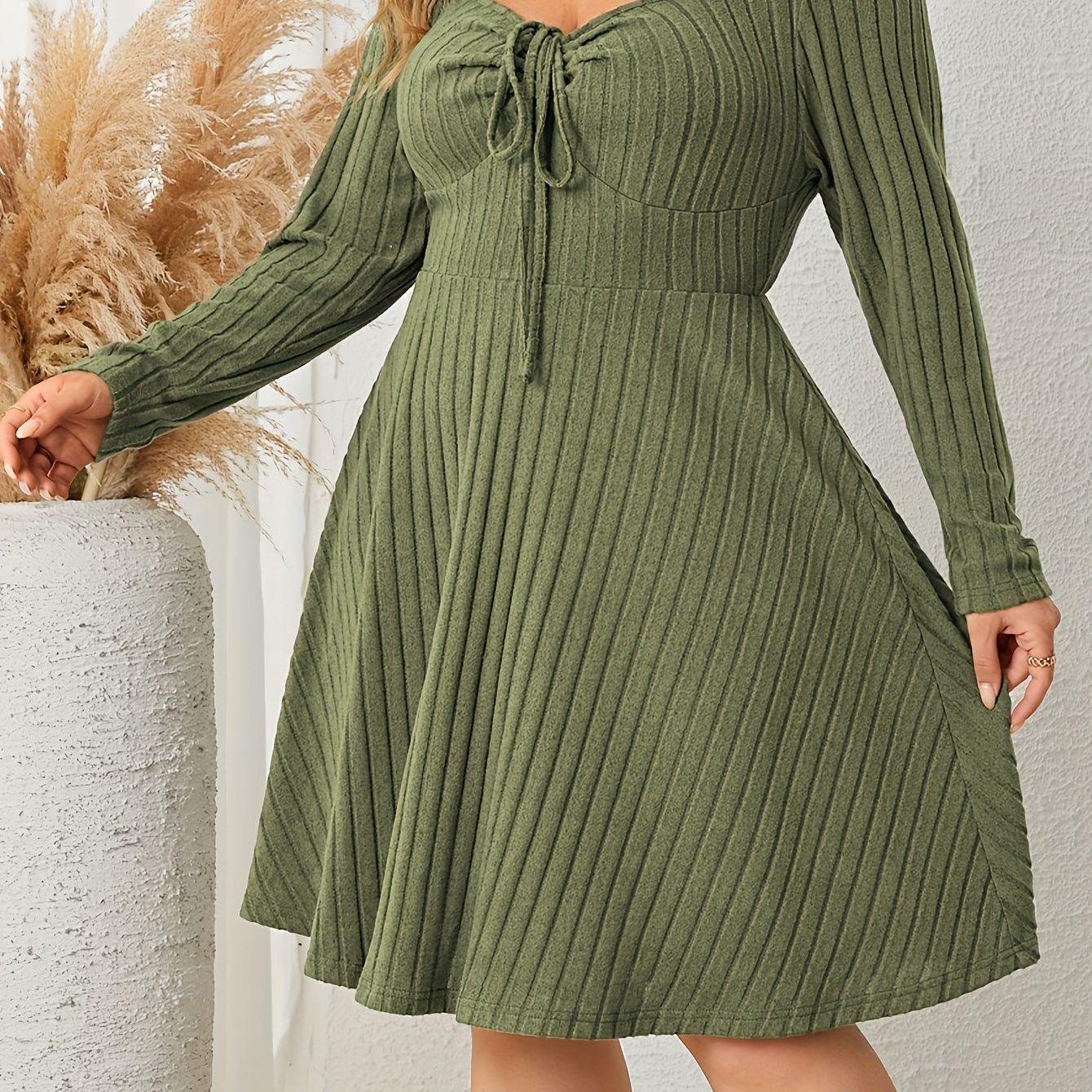 Plus Size Women s Lace-Up Long Sleeve Ribbed Knee-Length Dress 0XL