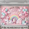 2D planar banner  dreamy and splendid birthday background  soft pink walls  rainbow arch  white unicorn