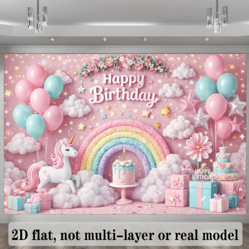 2D planar banner  dreamy and splendid birthday background  soft pink walls  rainbow arch  white unicorn