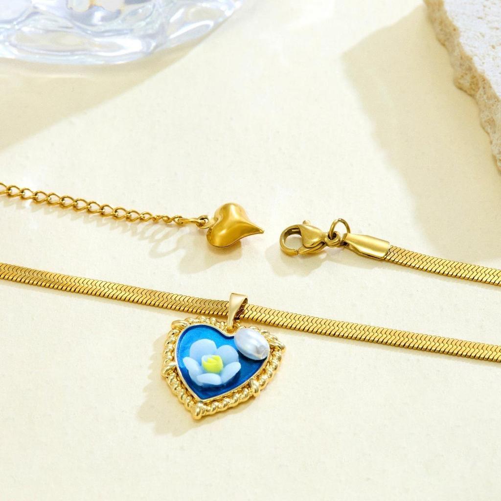 Little Mermaid Heart Pendant Necklace with Hand-Painted Flowers - Versatile Women's Fashion Accessory