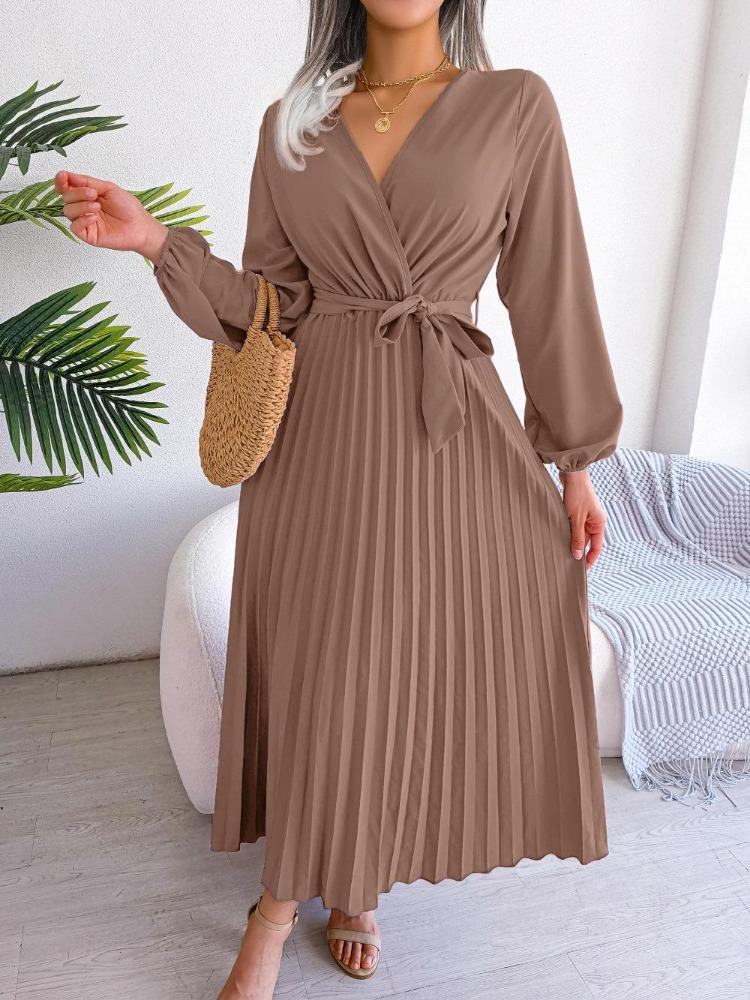 Elegant Women Pleated Maxi Dress Long Sleeve V Neck