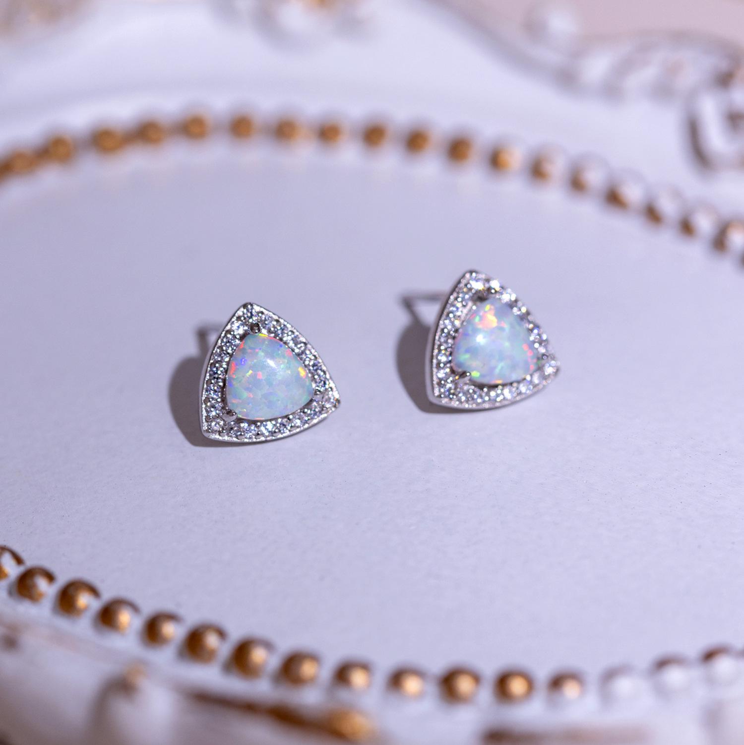 

Triangular Colorful Opal Stud Earrings 925 Sterling Silver Gold Plated with Cubic Zirconia Earrings for Women, Elegant Daily серебряный
