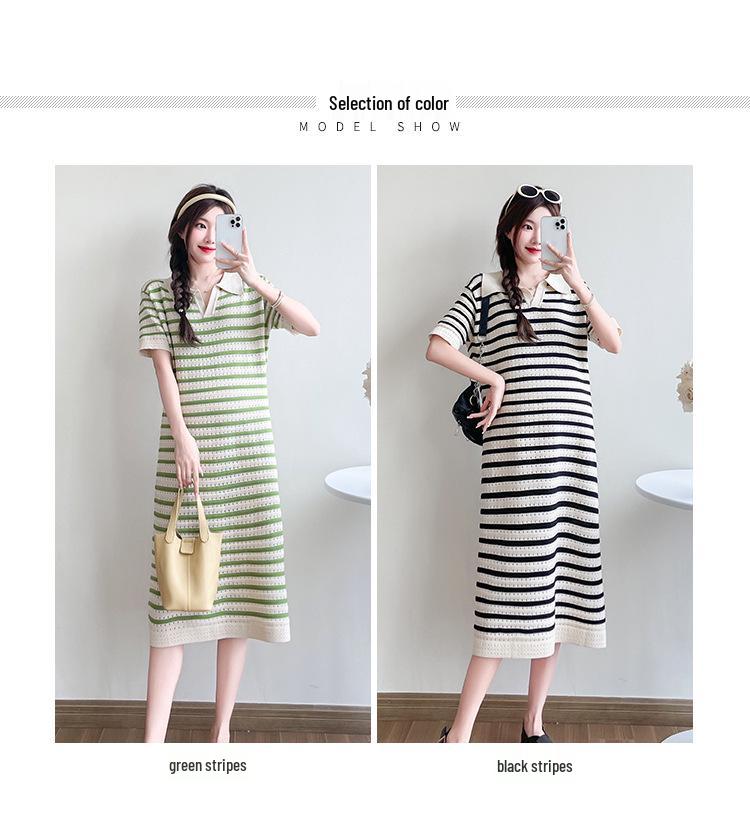 2026 Summer Striped Knit V-Neck Mid-Length Maternity Dress