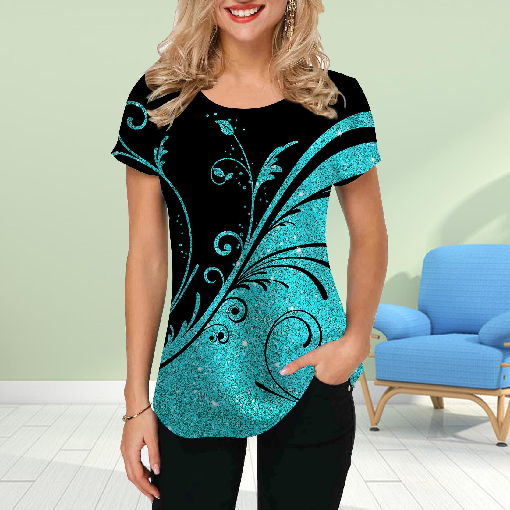 

Модная женская футболка с принтом листьев, забавная повседневная футболка с круглым вырезом и короткими рукавами, летняя женская футболка 8XL светло-синий