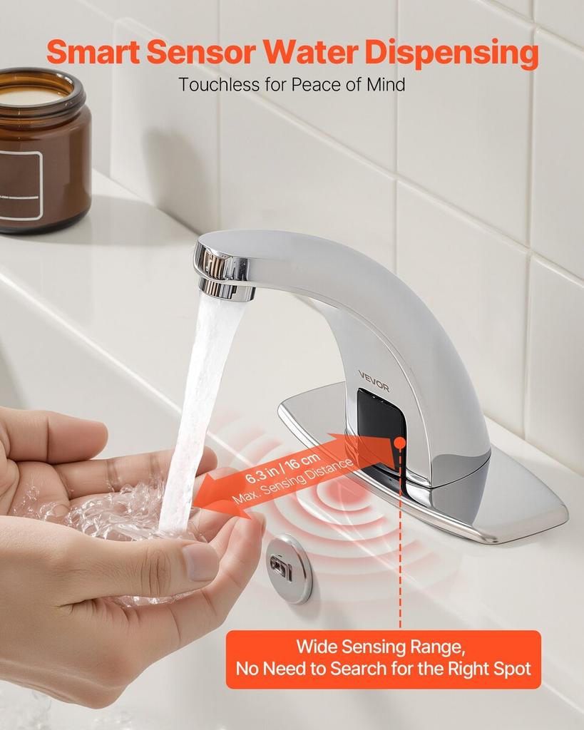 Touchless Bathroom Sink Faucet, Automatic Motion Sensor Restroom Toilet Faucet Cold Water with Hole Cover Plate, Battery Operated for 9.5 Mm Pipe