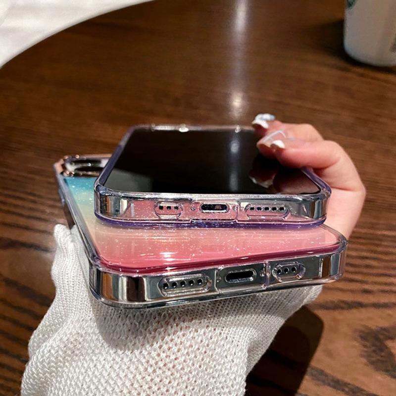 Applicable To Apple 17proMax Single Color Mobile Phone Case Gradient Glitter Powder IPhone 16 Metal Lens Ring 15 Protection Case