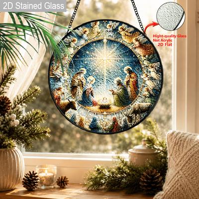 1pc 2D Flat Religious Stained Glass Suncatcher, 6.3/7.87 Inch Nativity Scene Glass Hanging Ornament, Religious Christmas Decor, Angelic Stained Glass