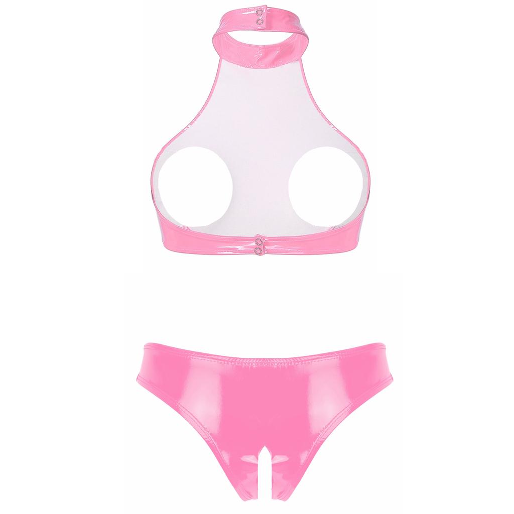 Set Top Corto da Donna in Pelle Verniciata con Busto Aperto e Slip con Cavallo Aperto