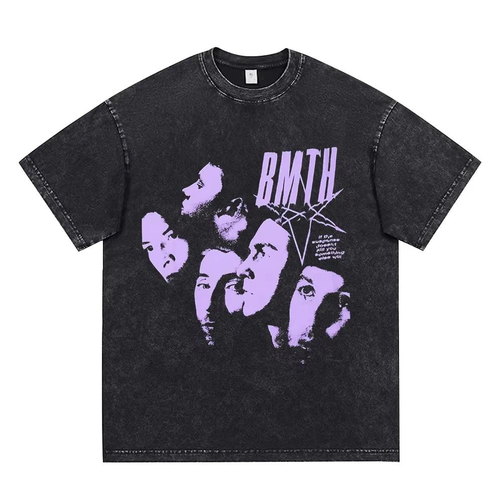 BMTH Metal Rock Band T Shirt Men Women Short Sleeve T-Shirts TheHorizon Album Post Human Nex Gen Vintage Washed T-Shirt