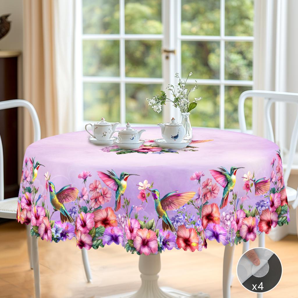 1 Stück Frühling Ostern Lila Blume und Vogel Druck Rechteckige Tischdecke, Kolibri, Blumenmuster Runde Tischdecke, Feiertagsparty Tischdecke,