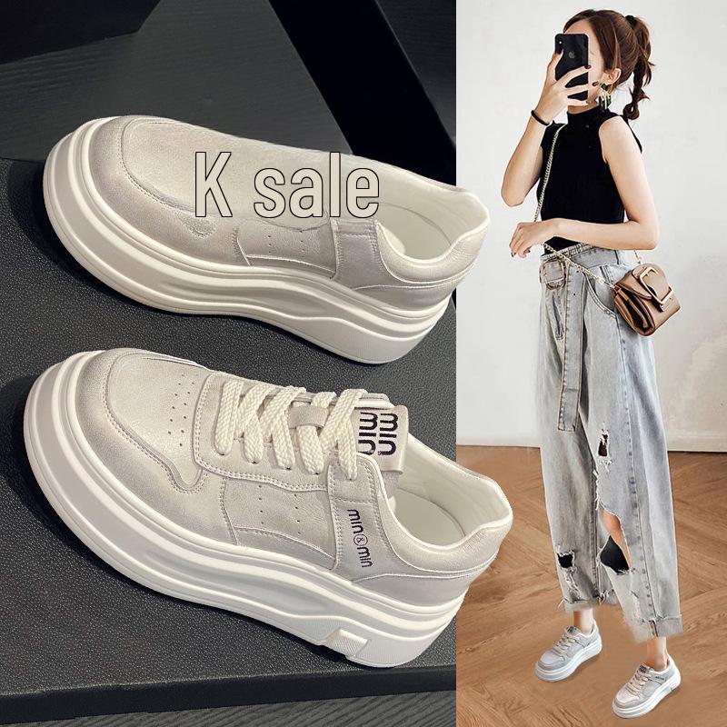 Women's Trendy White Genuine Leather Platform Sneakers - 2025 Spring/Autumn - Height-Enhancing, Thick-Soled, Lace-Up, Street-Style