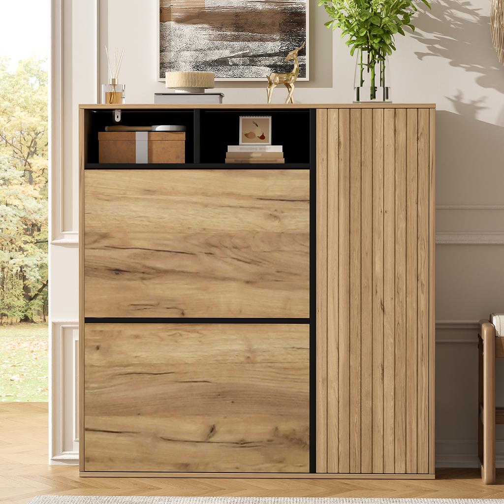 Shoe Cabinet with 2 Flaps & 1 Door – Narrow Shoe Tilt Cabinet, Open Compartments & Adjustable Shelves, Space-Saving, Wood Look/Black, 90x24x94 Cm