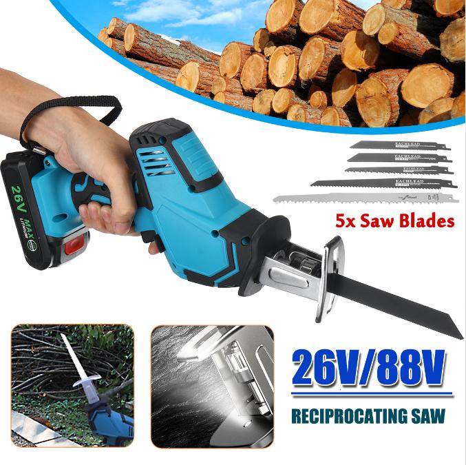 250W 13000mAh 26V/88V Cordless Reciprocating Saw+5 Saw Blades Metal Cutting Wood Tool Portable Woodworking Cutters Blue