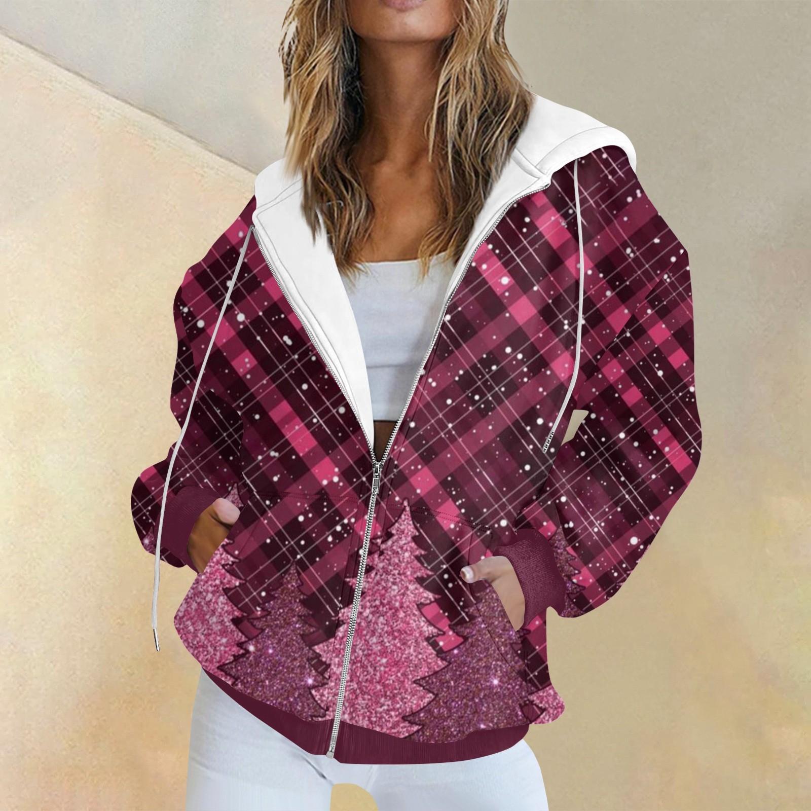 

Женская модная повседневная толстовка с рождественским принтом и длинными рукавами, карманная куртка, пальто с капюшоном на молнии M