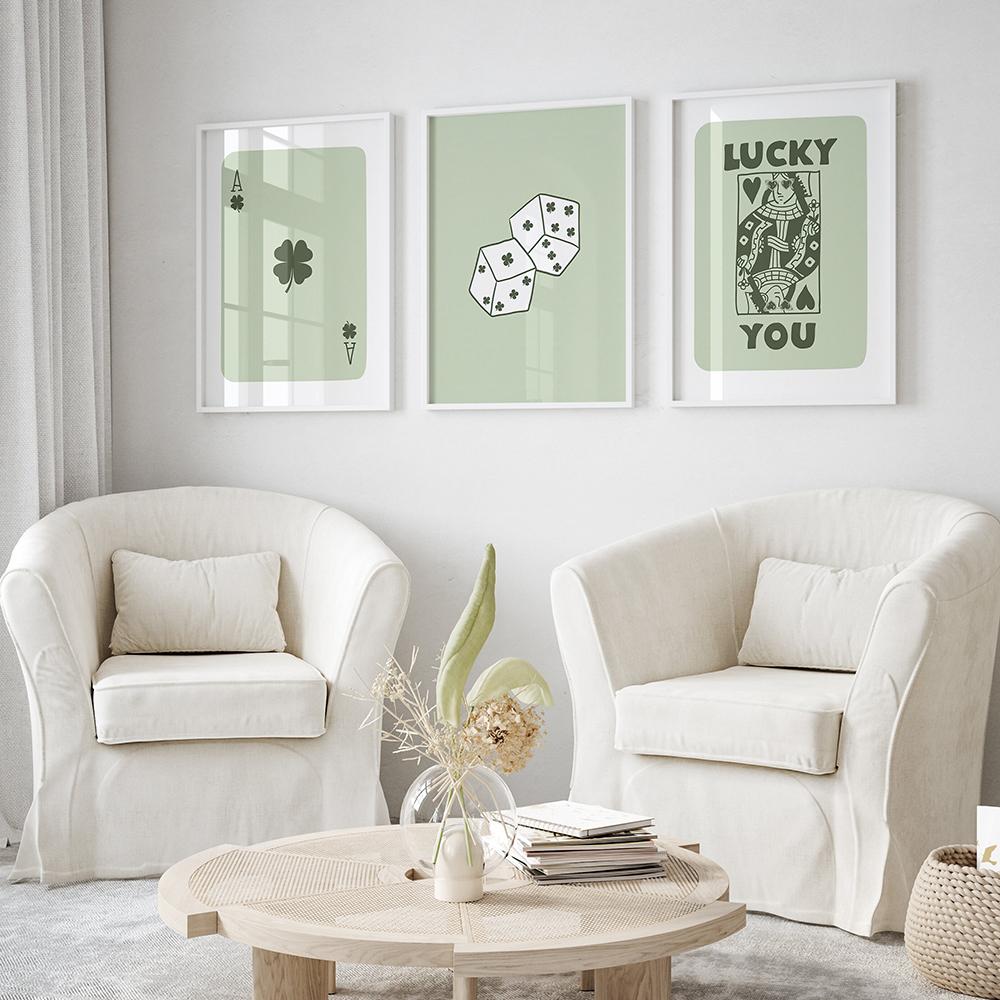 Retro Sage Green Trendy Lucky You Wall Art Prints Ace Card Poker Dice Canvas Painting Poster Pictures For Living Room Home Decor