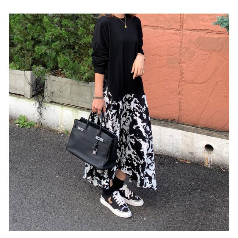 Tooxika Women's Large Size Long Sleeve T-shirt Splicing Printed Large Swing Dress Round Neck Fake Two-piece Long Dress