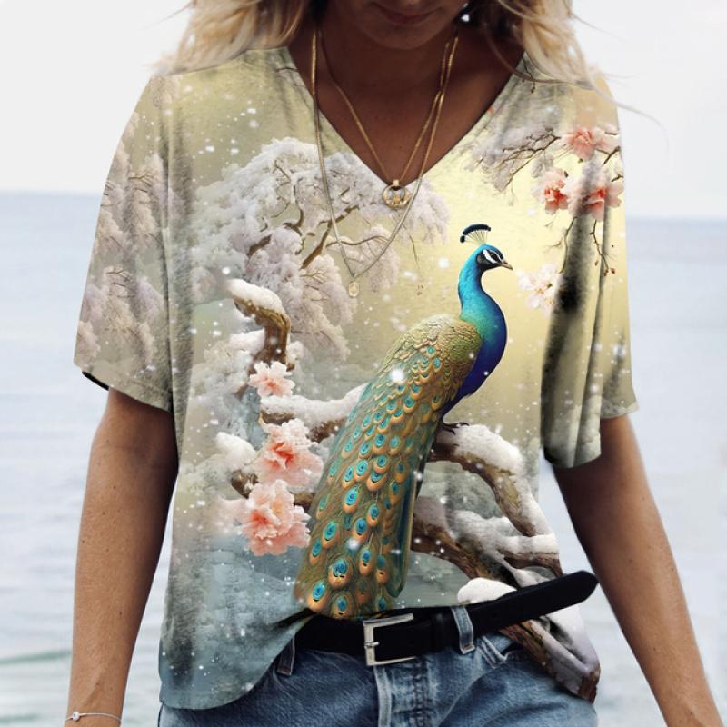 Luxury Peacock Graphic Women's T Shirt Summer Loose Ladies Clothes V Neck Oversized Blosue Female Daily Short Sleeve Casual Tees