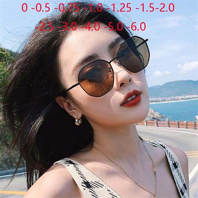 Lunettes de soleil polygonales métalliques pour femmes Anti-UV Vintage Verres couleur thé Lunettes de vue Dioptrie 0 -0,5 -0,75 Jusqu'à -6,0