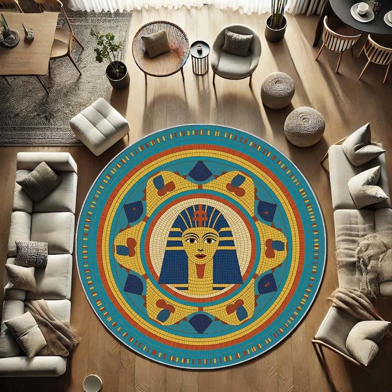 Egyptian Tutankhamun Round Rug, Ancient Hieroglyph Circle Carpet Mystical Decor, Boho Spiritual History Mat with Non-Slip Design Diameter 100cm