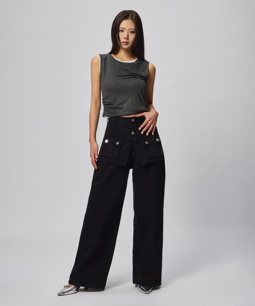 Beodeonteu Garment Dyed Multi-Pocket Layered Pants [Black]