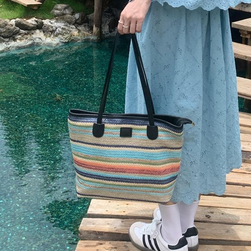 Summer Color Large Capacity Commuter Woven Bag Vacation Beach Bag Ladies Tote Bag Versatile Rainbow Shoulder Bag