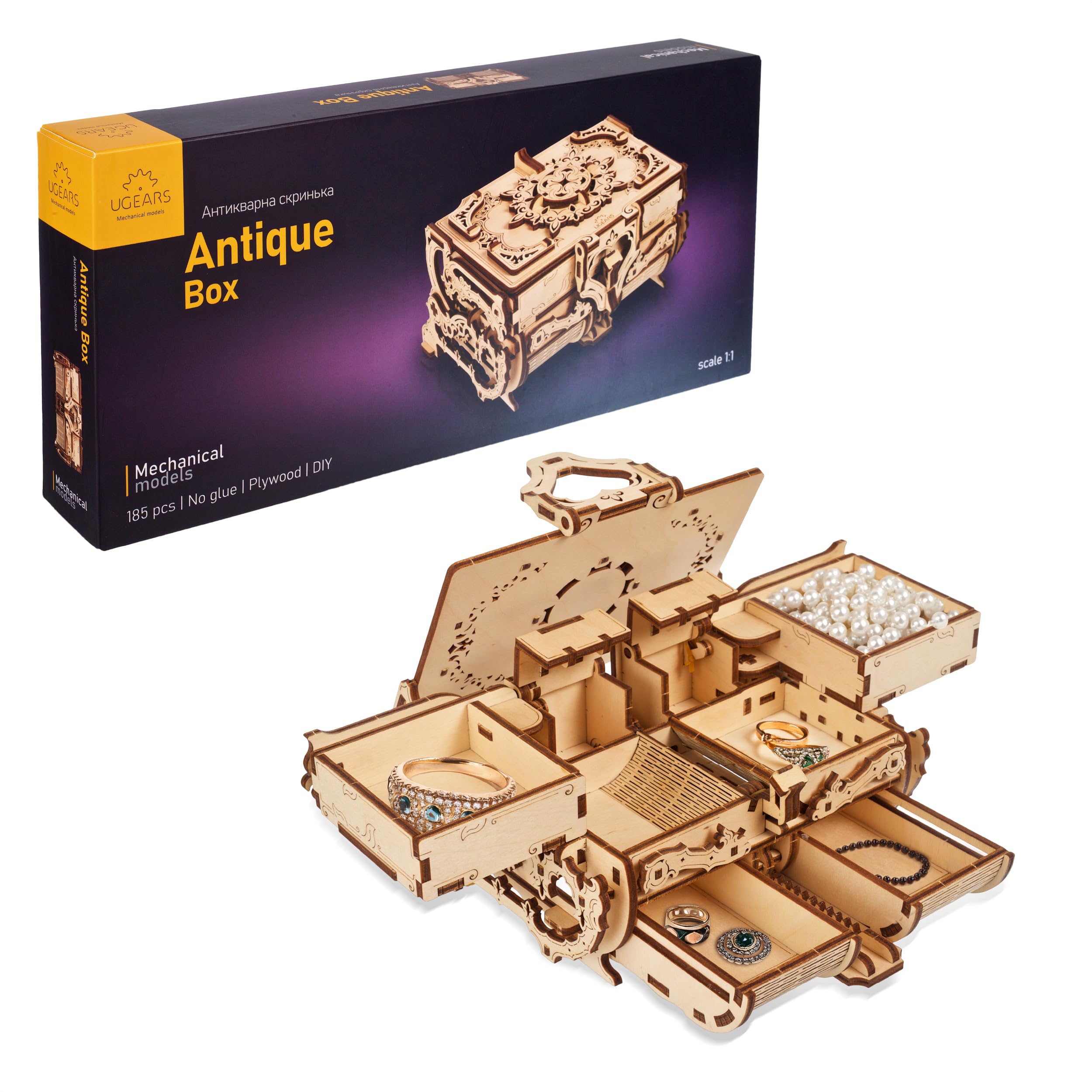 

Ugears Antique Box Wooden Building Blocks DIY Puzzle Assembly Toy for Imagination and Creativity коричневый