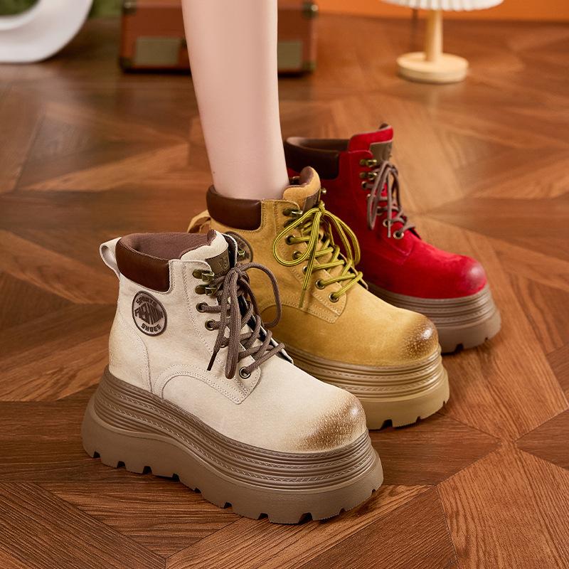 Thick-soled Inner Height-increasing Martin Boots Women's 2025 Autumn and Winter New Rhubarb Boots Medium Tube Velvet Warm Versatile Western Short Boot