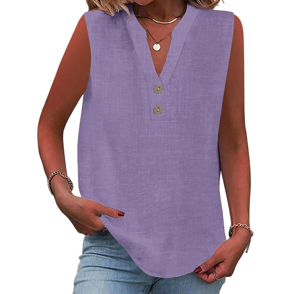 Women's Fashion Loose Standing Collar Button Cotton T-Shirt Solid Color Sleeveless Top