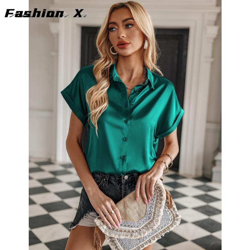 Dámská košile Hedvábná saténová košile s krátkým rukávem s knoflíkem přes rameno