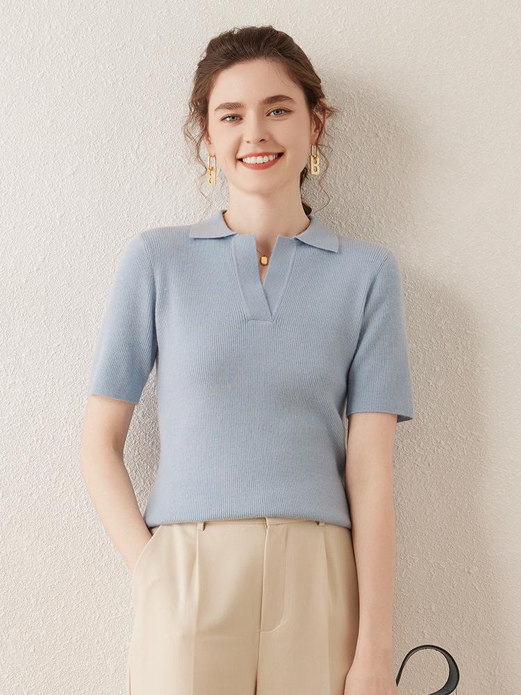 

Women s Polo Collar Cashmere Sweater - Slim Fit, Short, Five-Sleeve, Gentle Style for Spring & Autumn. L синий