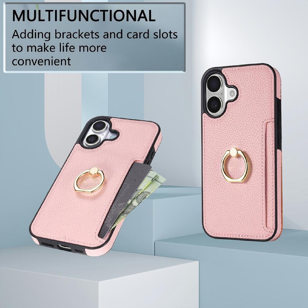 For iPhone 17 Case Ring Kickstand PU + TPU Card Holder Phone Cover