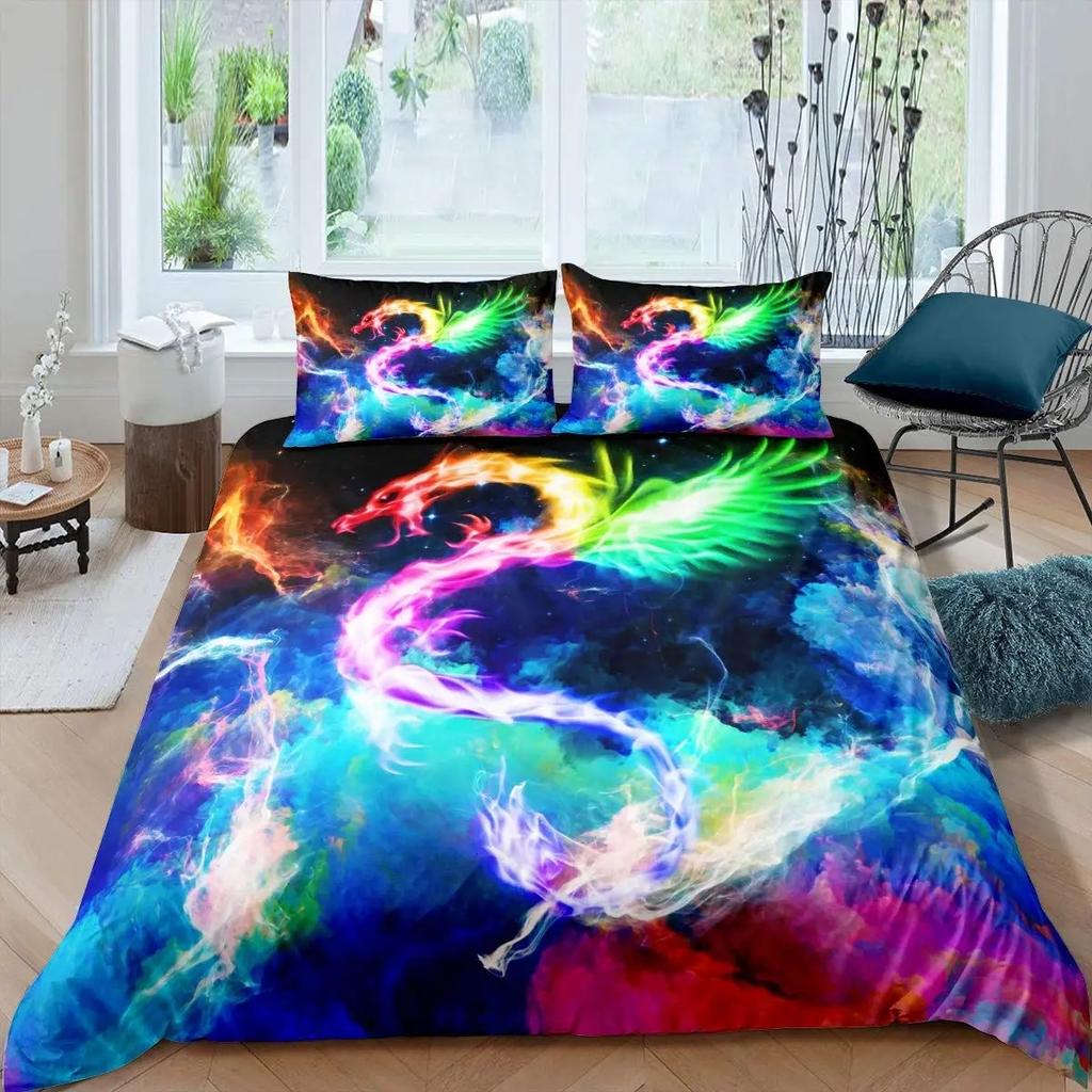 Boys Dragon Comforter Cover Queen Queen Full Size Colorful Dragon With Wing Bedding Set Trippy Magical Animal Duvet Cover Set