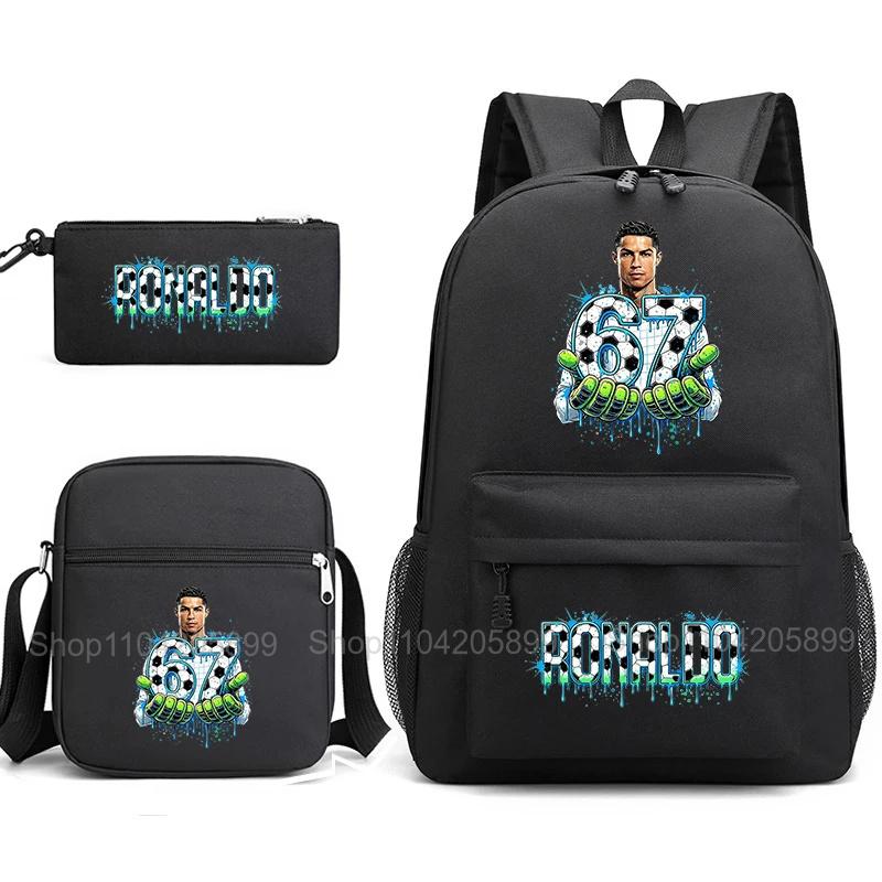 CR7 Ronaldo Backpack Football 67 Print School Bag With Shoulder Bag & Pencil Case For Student Boys Gift Daily Travel Rucksack