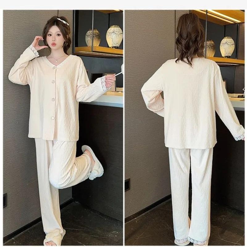 Velvet Pajamas Women's Lace Sweet Autumn and Winter Thickened Warm Loungewear Set Can Be Worn Outside Home Clothes