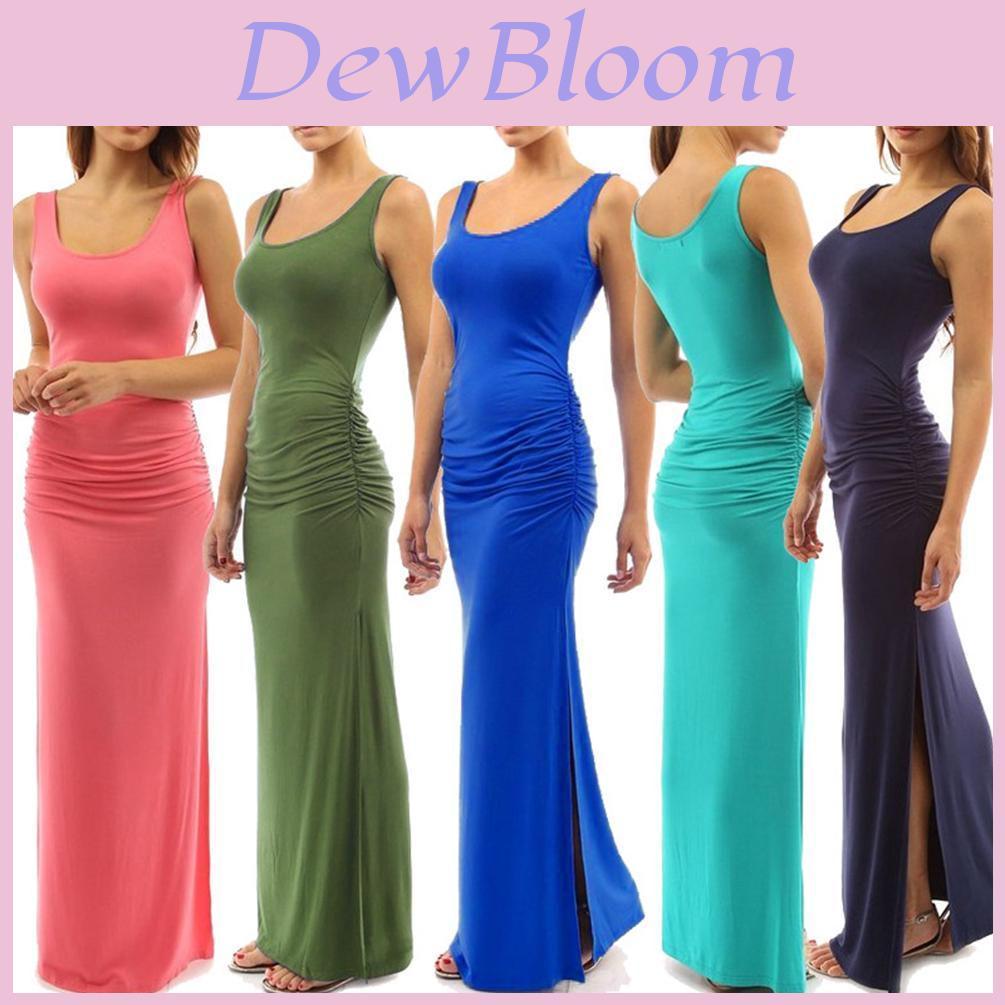Elegant Summer Women Round Neck Slim Pleated Skirt Long Dress Sleeveless Split Swing