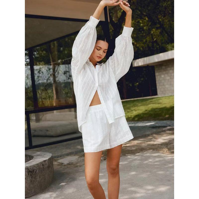 Fashion Wind Summer New Arrival Micro Transparent Long Sleeves Shirt Shorts Casual Suit Shirt and Shorts Set
