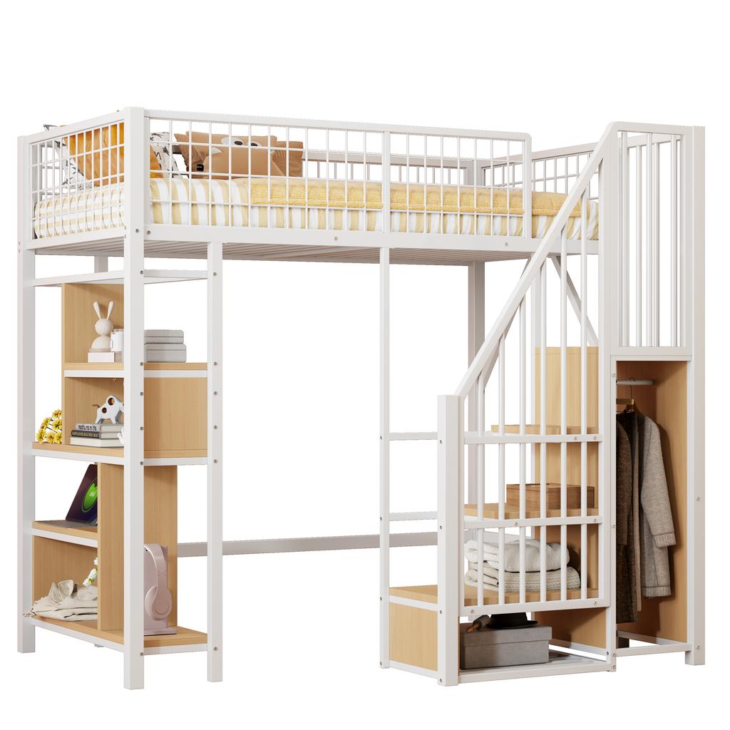 Letto a Soppalco Multifunzionale 90 x 200 cm, Letto in Metallo con Contenitore, Spazio a Ripiani e Scala, Letto per Adulti e Bambini, Bianco
