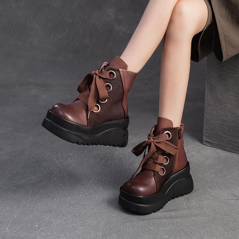 Johnature Genuine Leather Wedges Short Boots Retro Thick Soled Side Zipper Versatile Women's Shoes