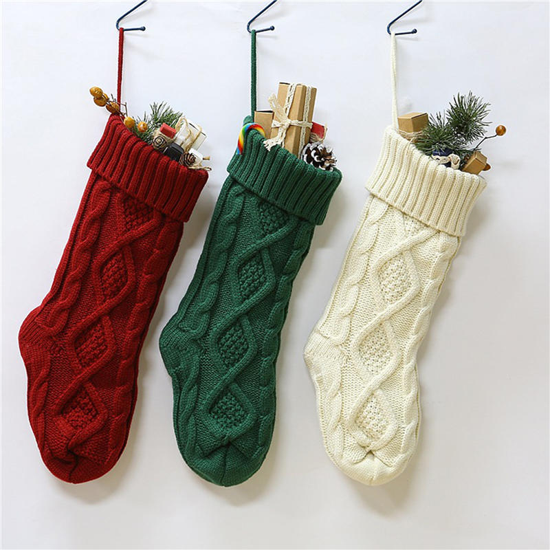 Fashion Cable Knit Christmas Stockings Solid Color Classic Hanging Gift Candy Stocking for Fireplace Xmas Tree