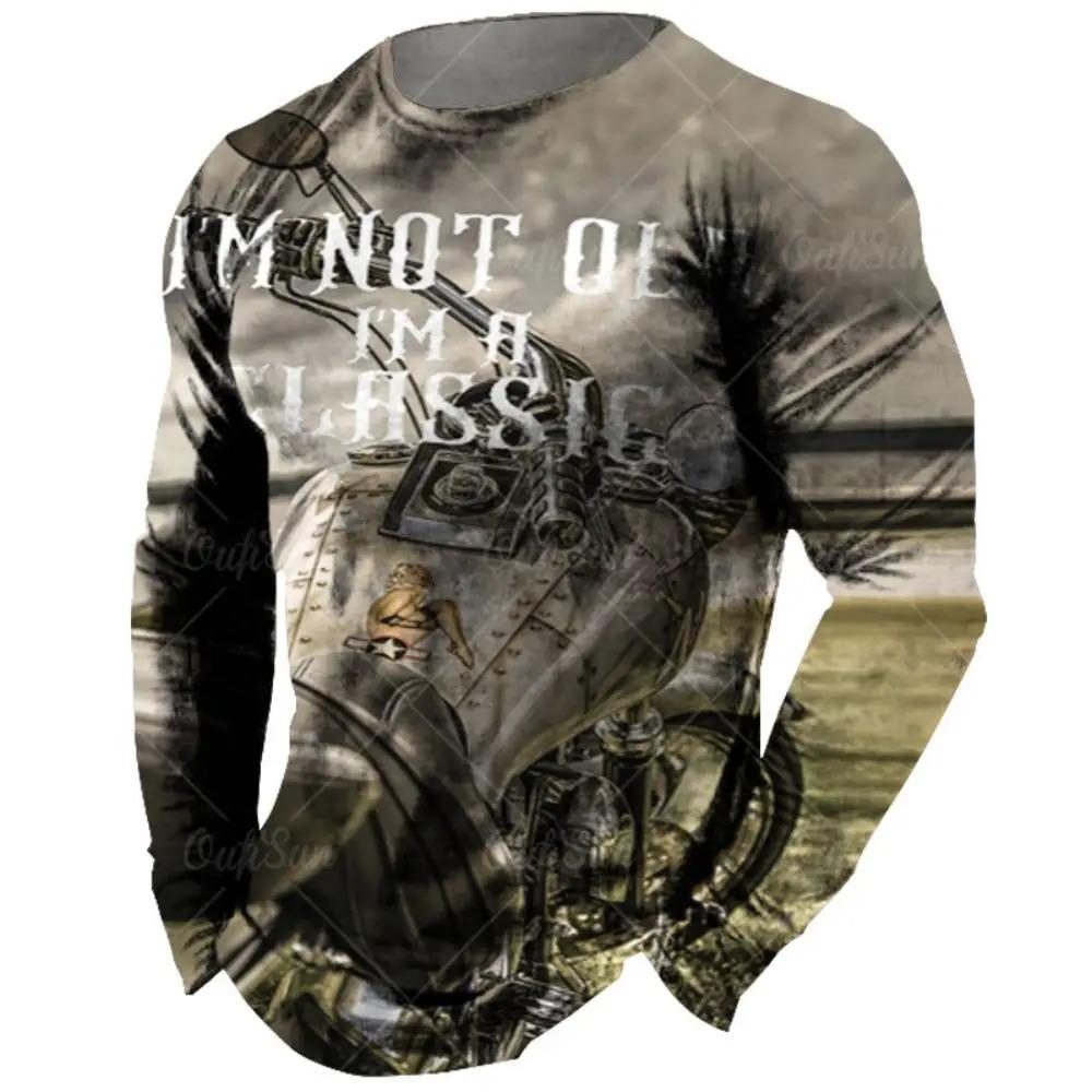 Fashionable Retro 3D Motorcycle Printed Pattern Men's Round Neck Long Sleeved T-shirt