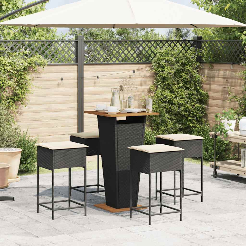 5 Piece Garden Bar Set with Cushions Black Poly Rattan