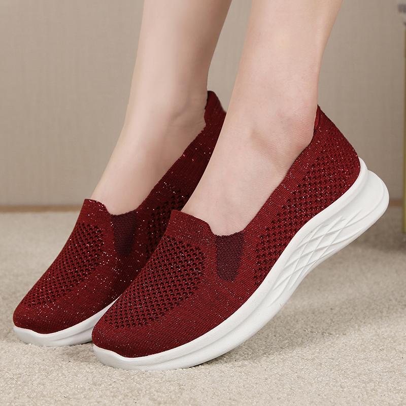 Women's Slip-on Flat Shoes Outdoor Lightweight Soft Sole Vulcanized Shoes Famale Comfortable Mesh Flying-Woven Walking Footwear