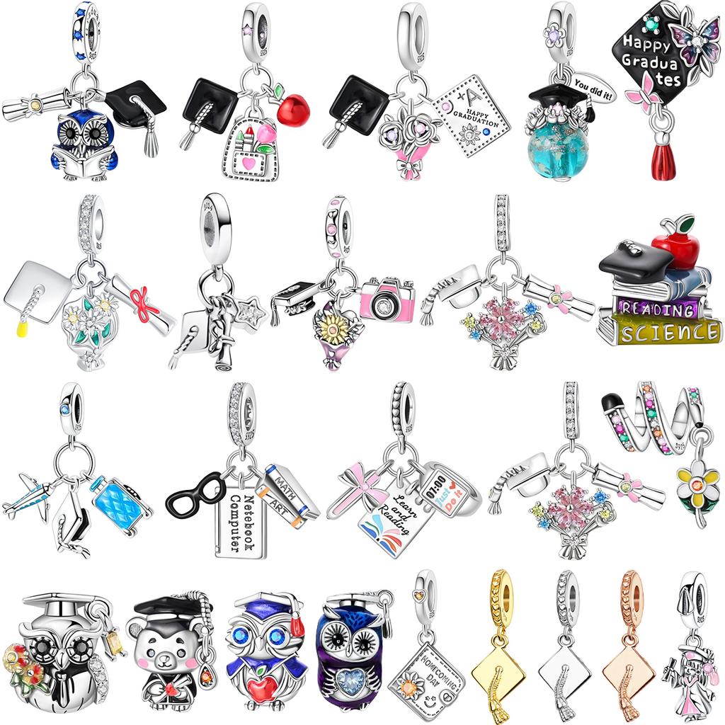 New Copper Graduation Season Charms Beads Mortarboard Happy Graduation Pendants Fit Bracelet Diy Fine Jewelry Gift