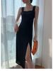 Elegant Black Square Neck Mid-Length Summer Dress with Slit