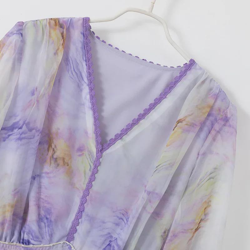 Plus Size Women's Purple Blue Chiffon Tea-Length Dress - Slimming & Flattering, Autumn 2023 Collection