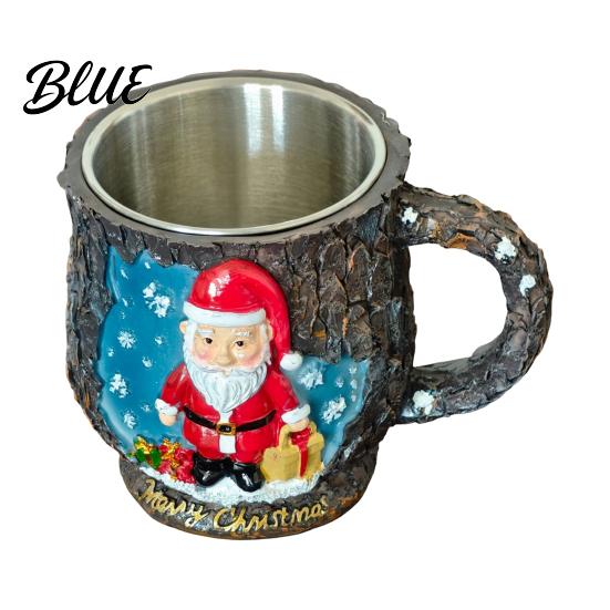 Unique Mantelpiece Decor Christmas Theme Mug with Stainless Steel Liner 3D Relief Hand Tree Pattern Holiday Mugs Painted Resin Coffee Cup Decorative